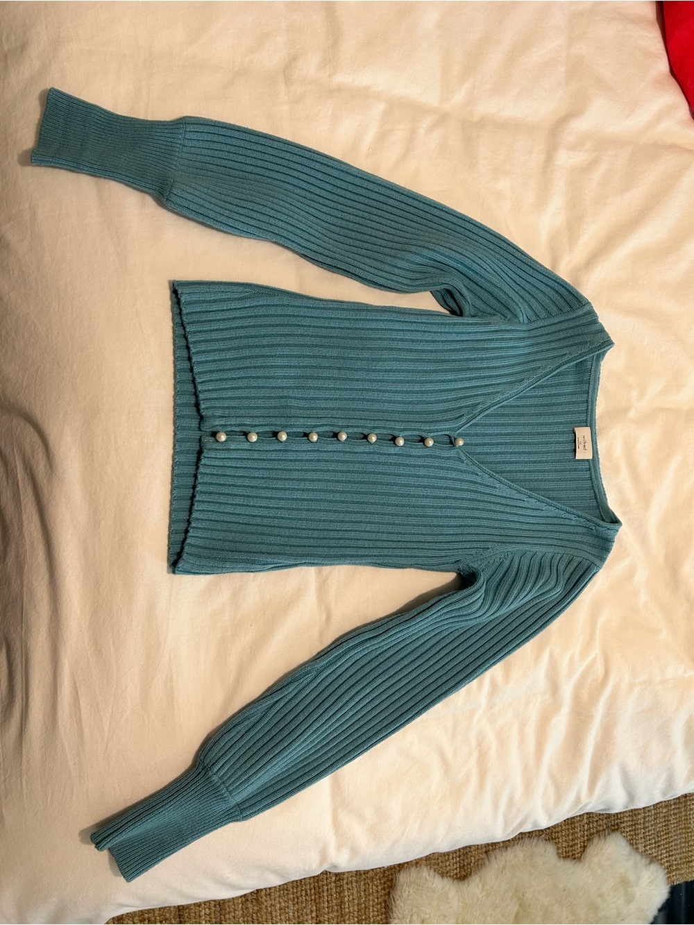 Wilfred Teal Ribbed V‑Neck Button Front Cardigan